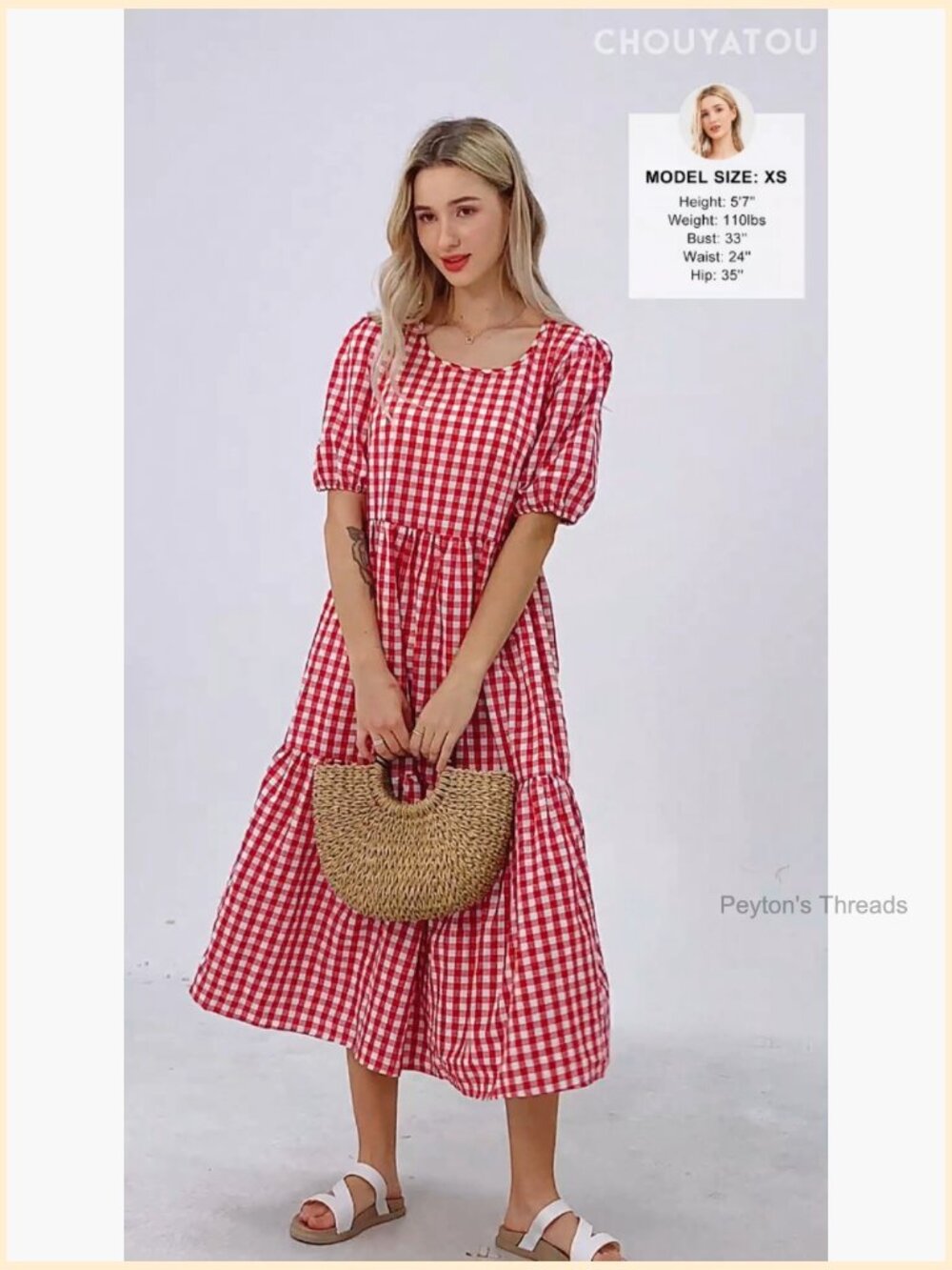 Retro Lantern Puff Sleeve Plaid Dress Gingham Swing Tiered Midi Long - Picture 7 of 7